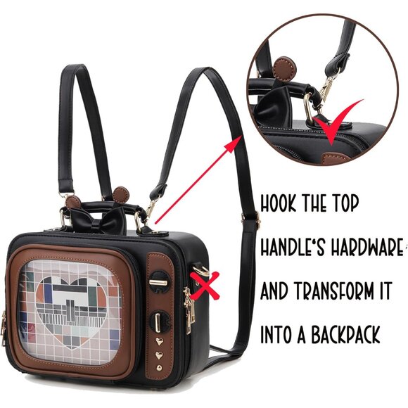 Retro TV Shaped Ita Bag Backpack Small Pin Display Bag with Inserts Black Casual main image 8